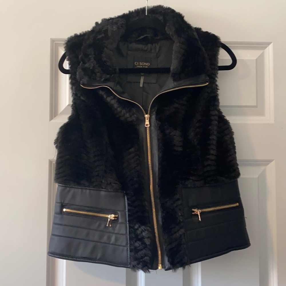 Faux Fur Vest with Faux Leather Trim